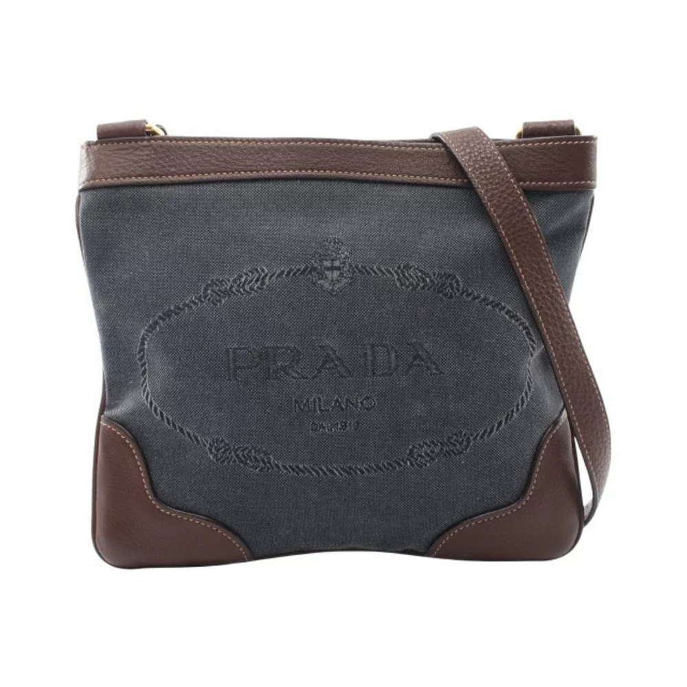 Prada Jacquard Shoulder Bag Canvas Leather Navy Blue Brown